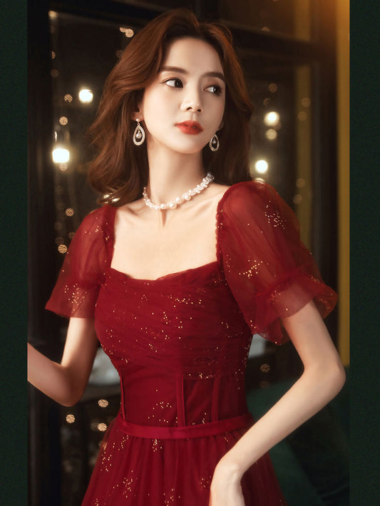 Burgundy A line tulle sequin long prom dress, burgundy tulle formal dress