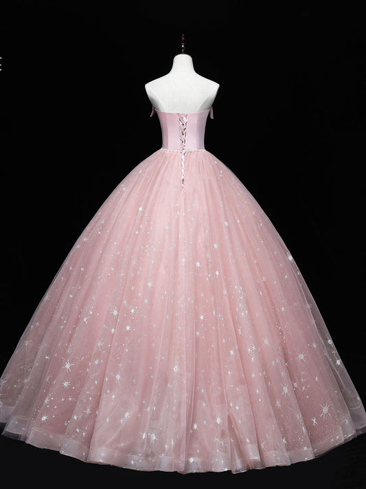 Pink Tulle Long Prom Dresses, Pink Ball Gown Sweet 16 Dress