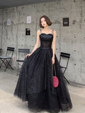 Black tulle sequin long prom dress, black tulle formal dress