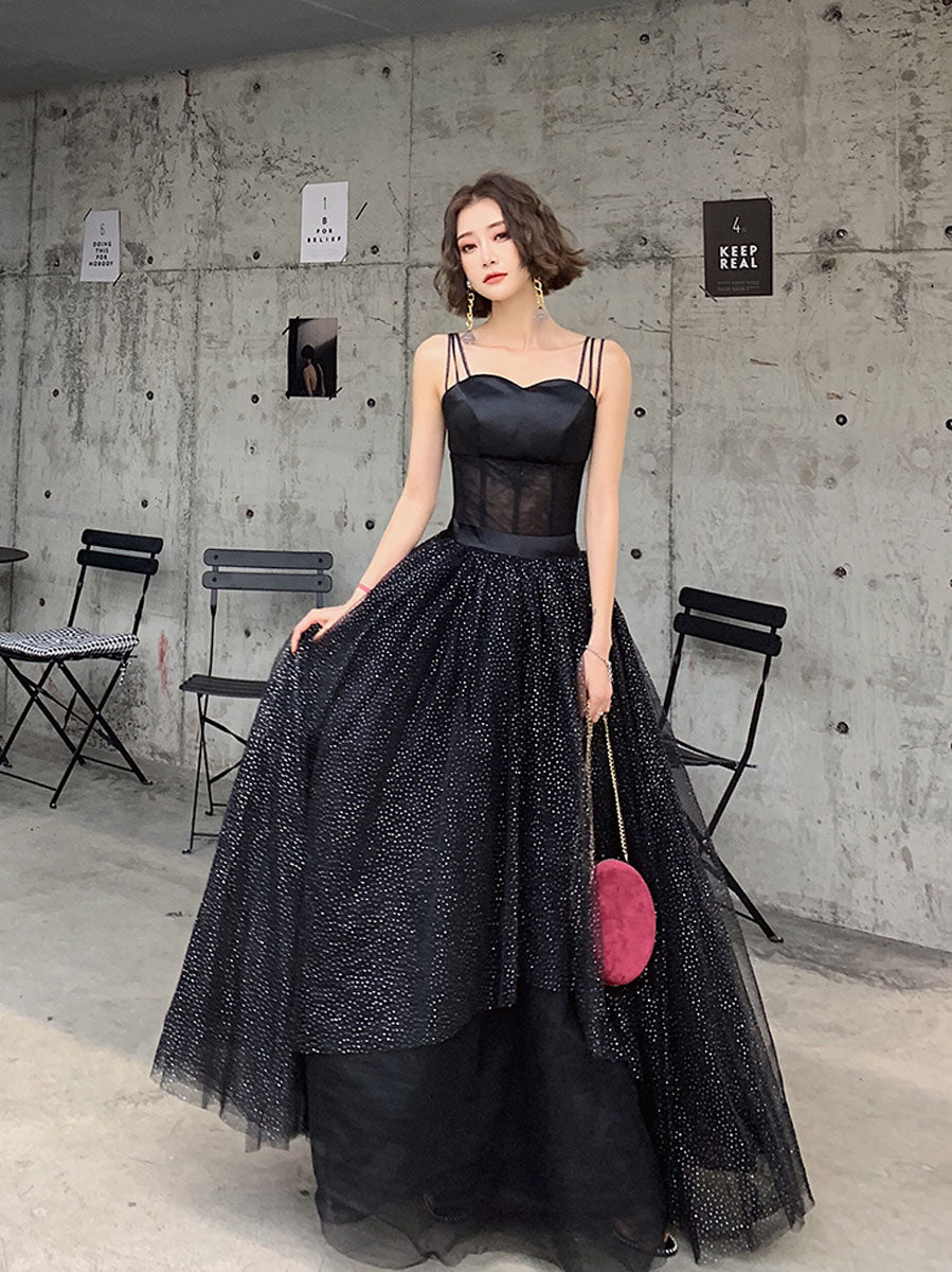 Black tulle sequin long prom dress, black tulle formal dress