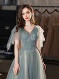 Green v neck tulle lace long prom dress green tulle formal dress