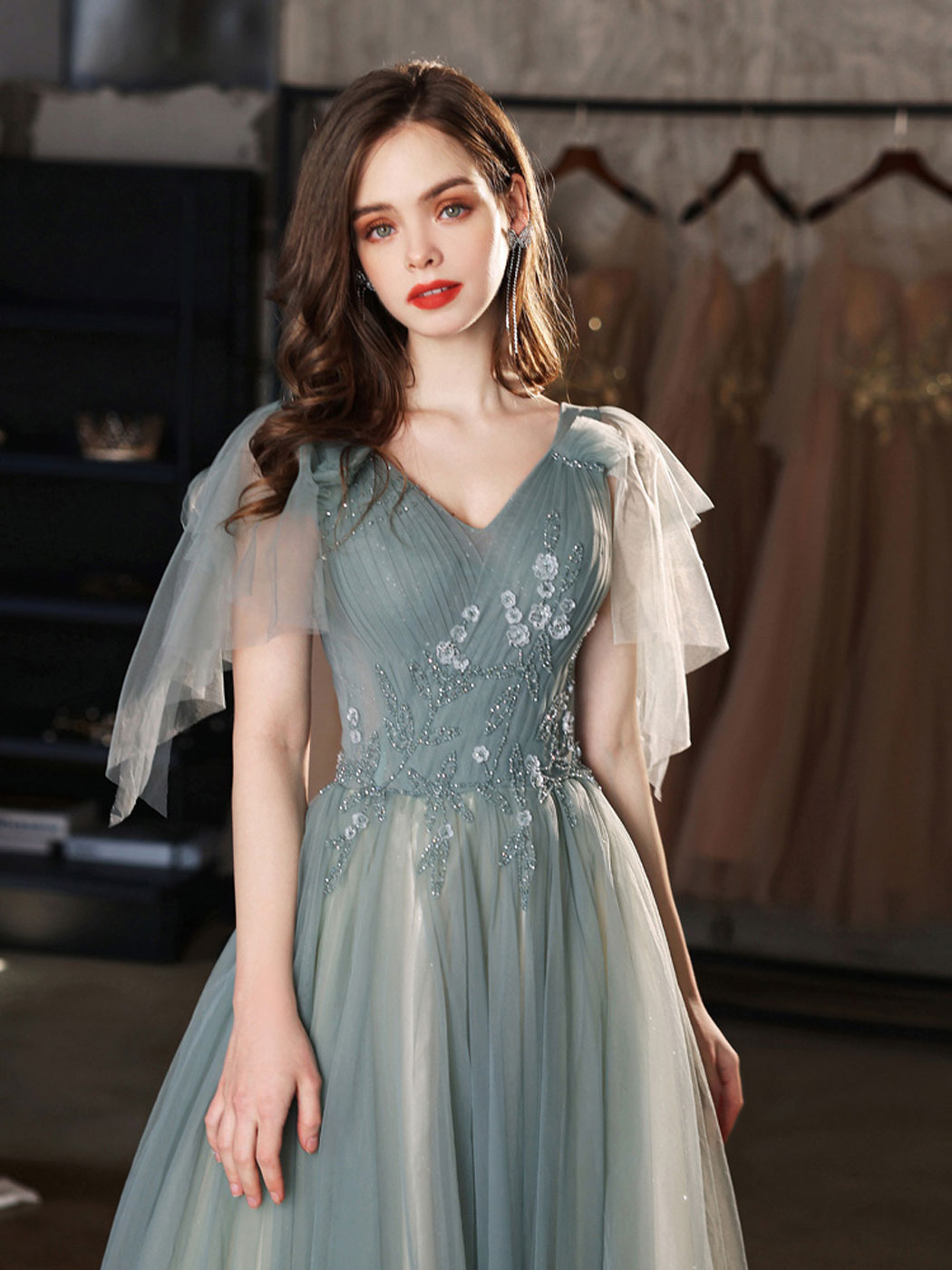 Green v neck tulle lace long prom dress green tulle formal dress