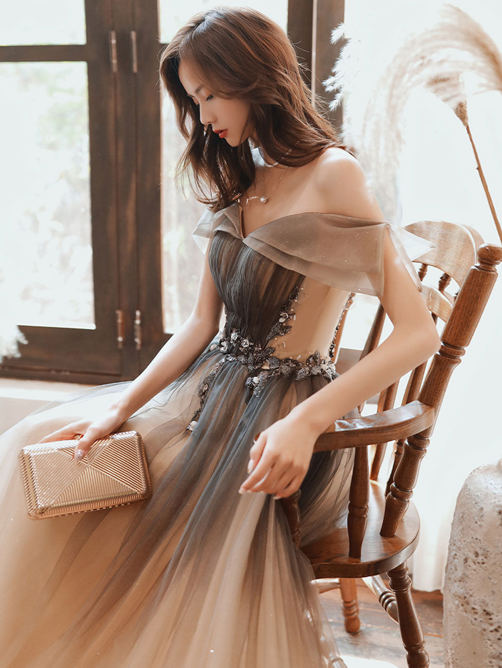 Brown Long Prom Dresses, A line Off Shoulder Brown Formal Graduation Dresses