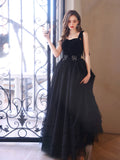 Black sweetheart neck tulle long prom dress, black evening dress