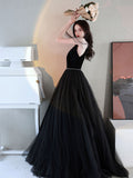 Black A line tulle beads long prom dress, black evening dress