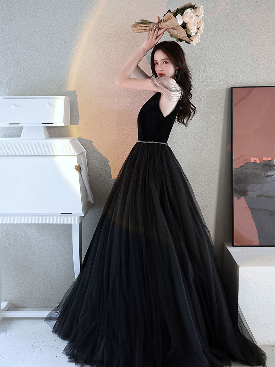 Black A line tulle beads long prom dress, black evening dress