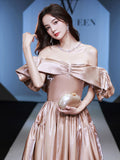 Simple off shoulder satin long prom dress, champagne evening dress