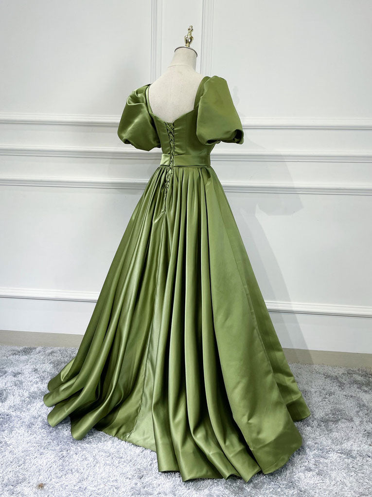 Green satin long prom dress, green satin evening dress