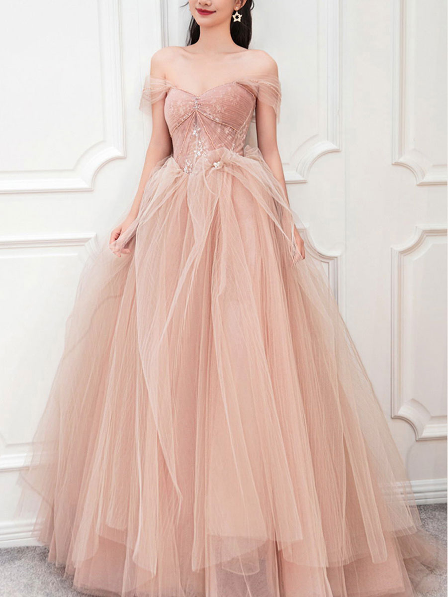 Pink tulle lace long prom dress, pink tulle evening dress