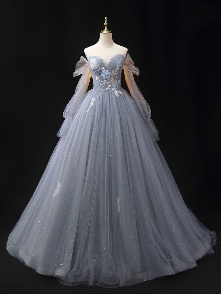 Gray A-Line Tulle Lace Long Prom Dress, Shiny Tulle Lace Formal Dress