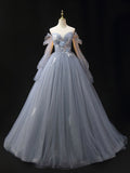 Gray A-Line Tulle Lace Long Prom Dress, Shiny Tulle Lace Formal Dress