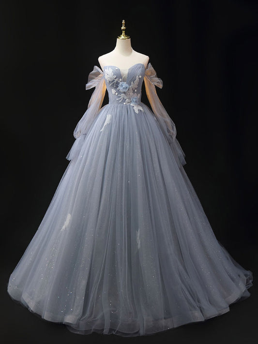 Gray A-Line Tulle Lace Long Prom Dress, Shiny Tulle Lace Formal Dress