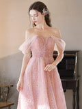 A-Line Tulle Lace Off Shoulder Pink Long Prom Dress, Pink Lace Long Graduation Dress
