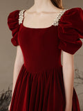 A- Line Velvet Burgundy Long Prom Dress, Burgundy Long Formal Dress