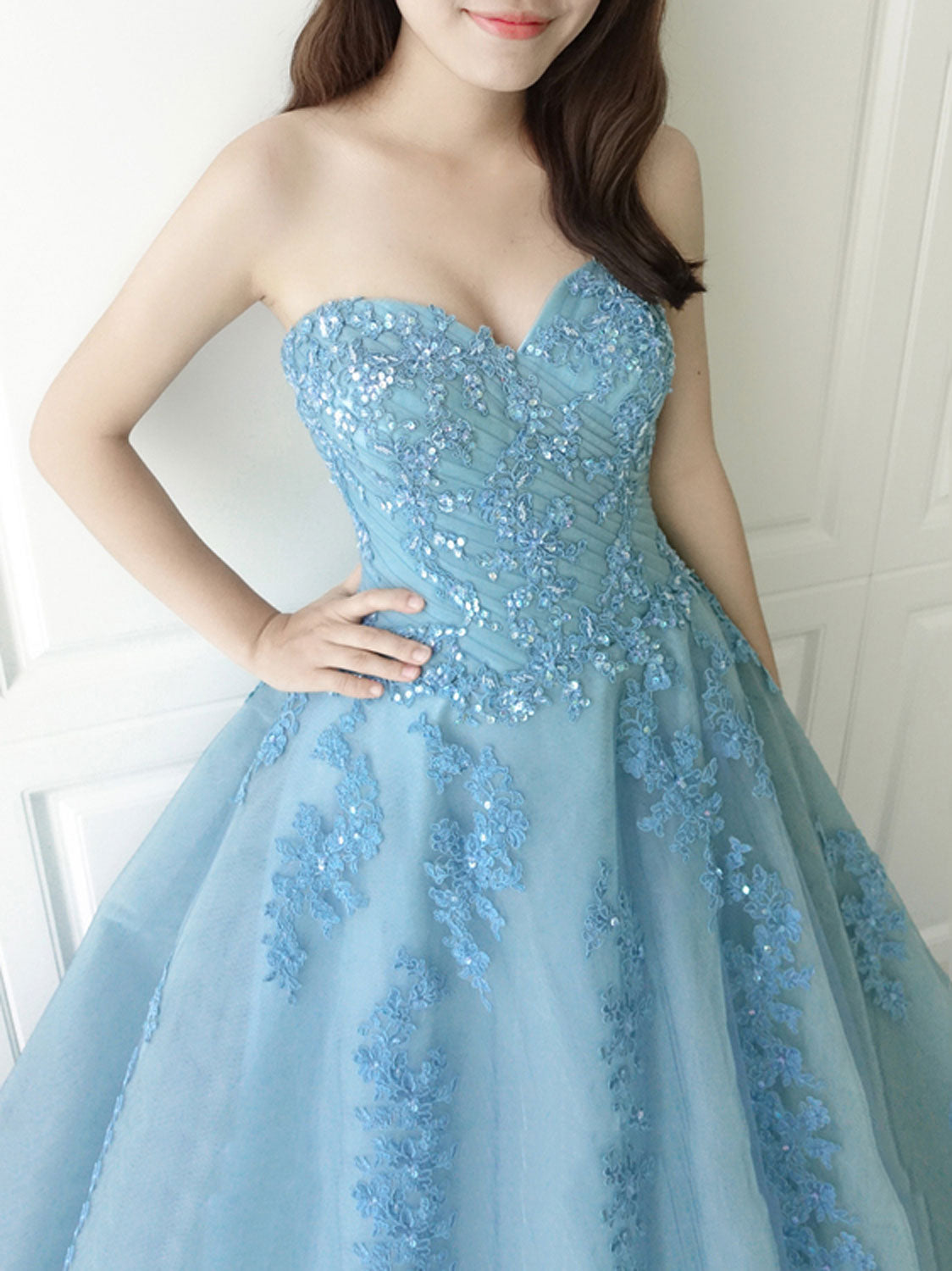 Blue sweetheart neck tulle lace long prom dress blue evening dress