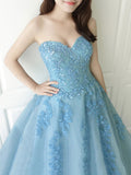 Blue sweetheart neck tulle lace long prom dress blue evening dress