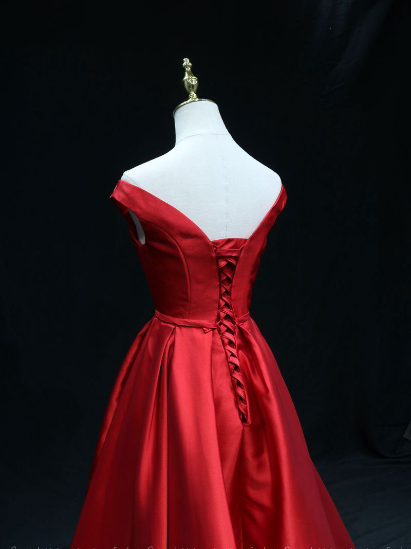 Simple A line satin red ling prom dress, red bridesmaid dress