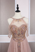 Champagne tulle beads long prom dress champagne evening dress