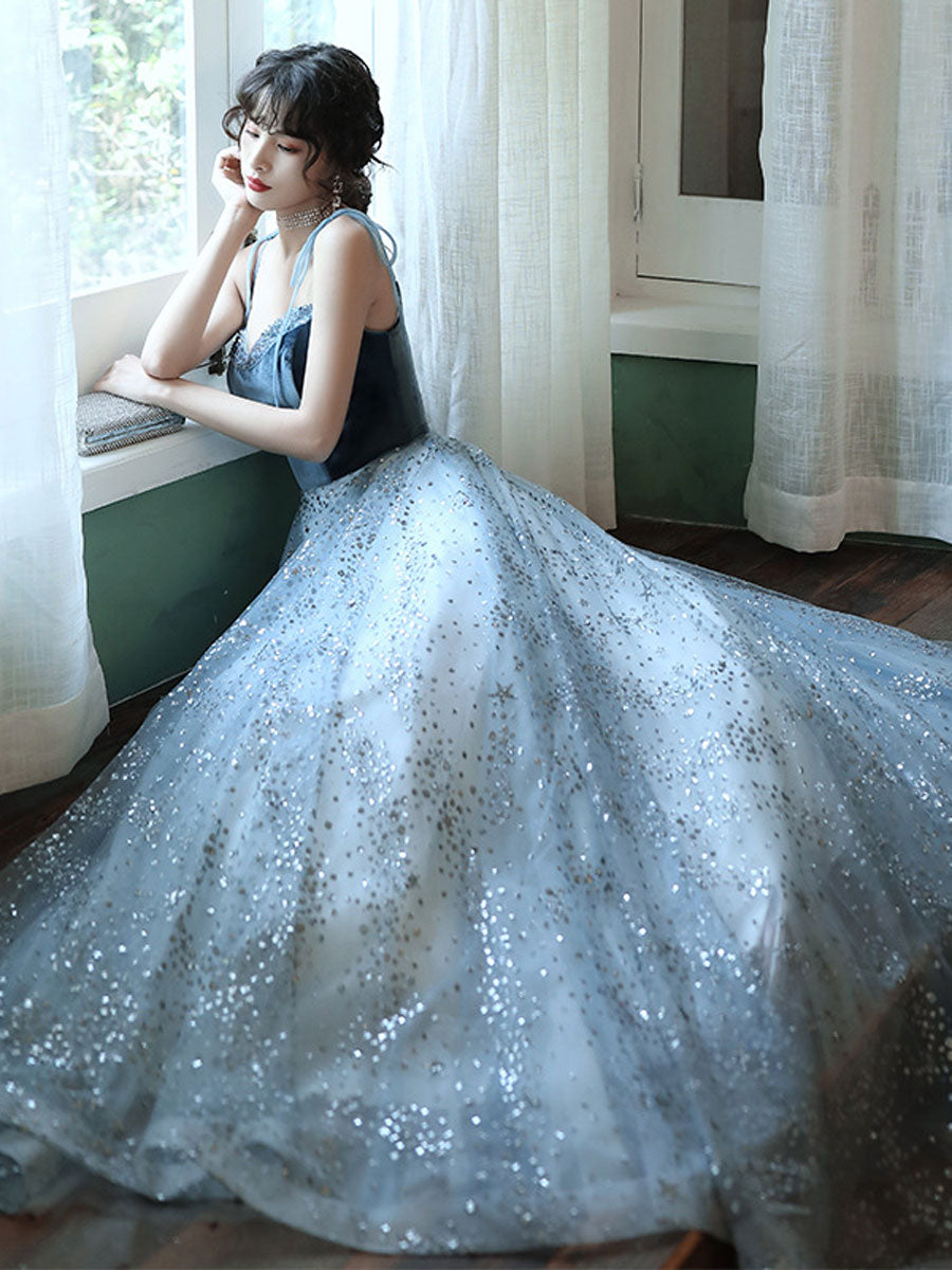 Aline tulle sequin long prom dress blue tulle long evening dress