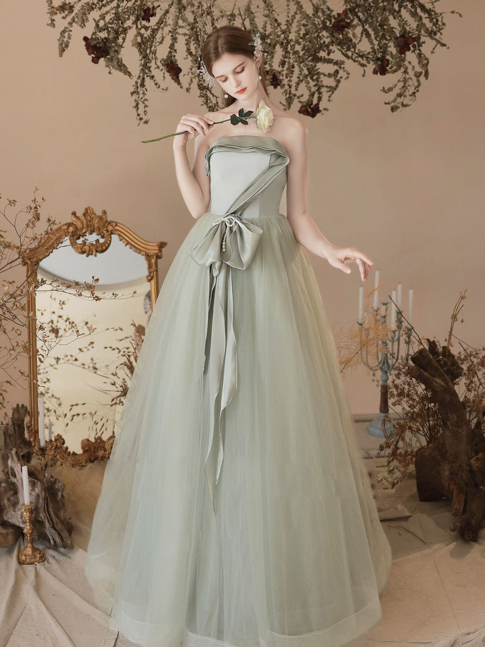 A-Line Tulle Light Green Long Prom Dresses, Green Formal Evening Dress