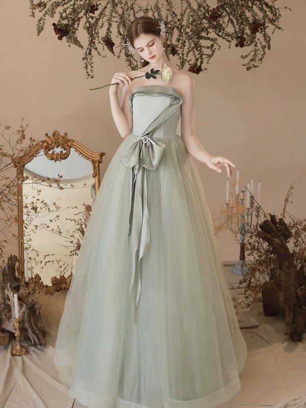 A-Line Tulle Light Green Long Prom Dresses, Green Formal Evening Dress