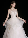 White Tulle Beads Long Prom Dress, White Tulle Long Formal Dresses