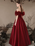 A-Line Off Shoulder Satin Burgundy Long Prom Dress, Burgundy Long Formal Dress