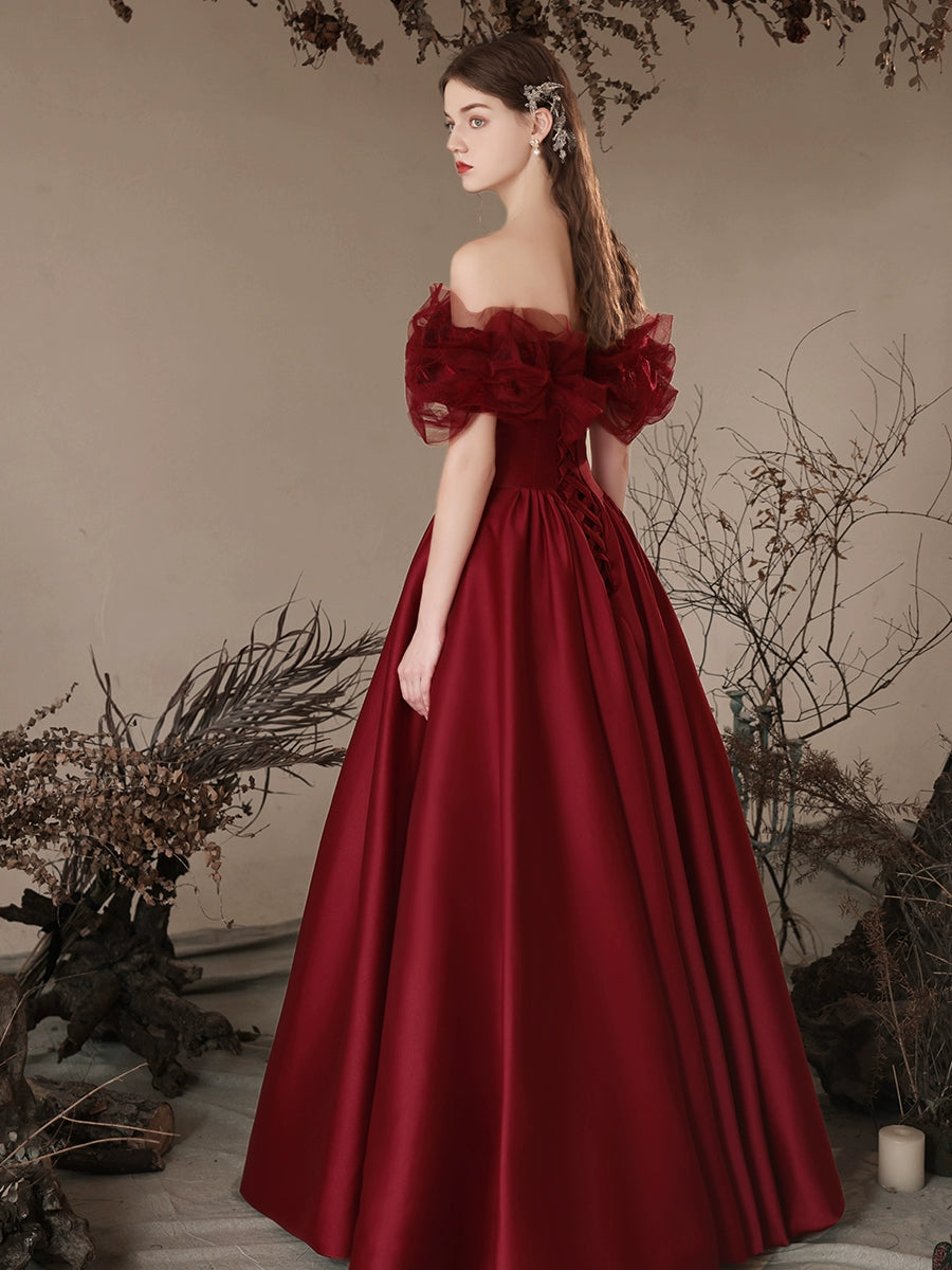 A-Line Off Shoulder Satin Burgundy Long Prom Dress, Burgundy Long Formal Dress
