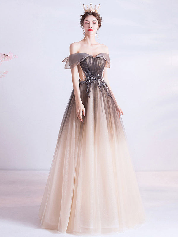 A-Line Off Shoulder Brown Long Prom Dress, Brown Tulle Formal Evening Dress