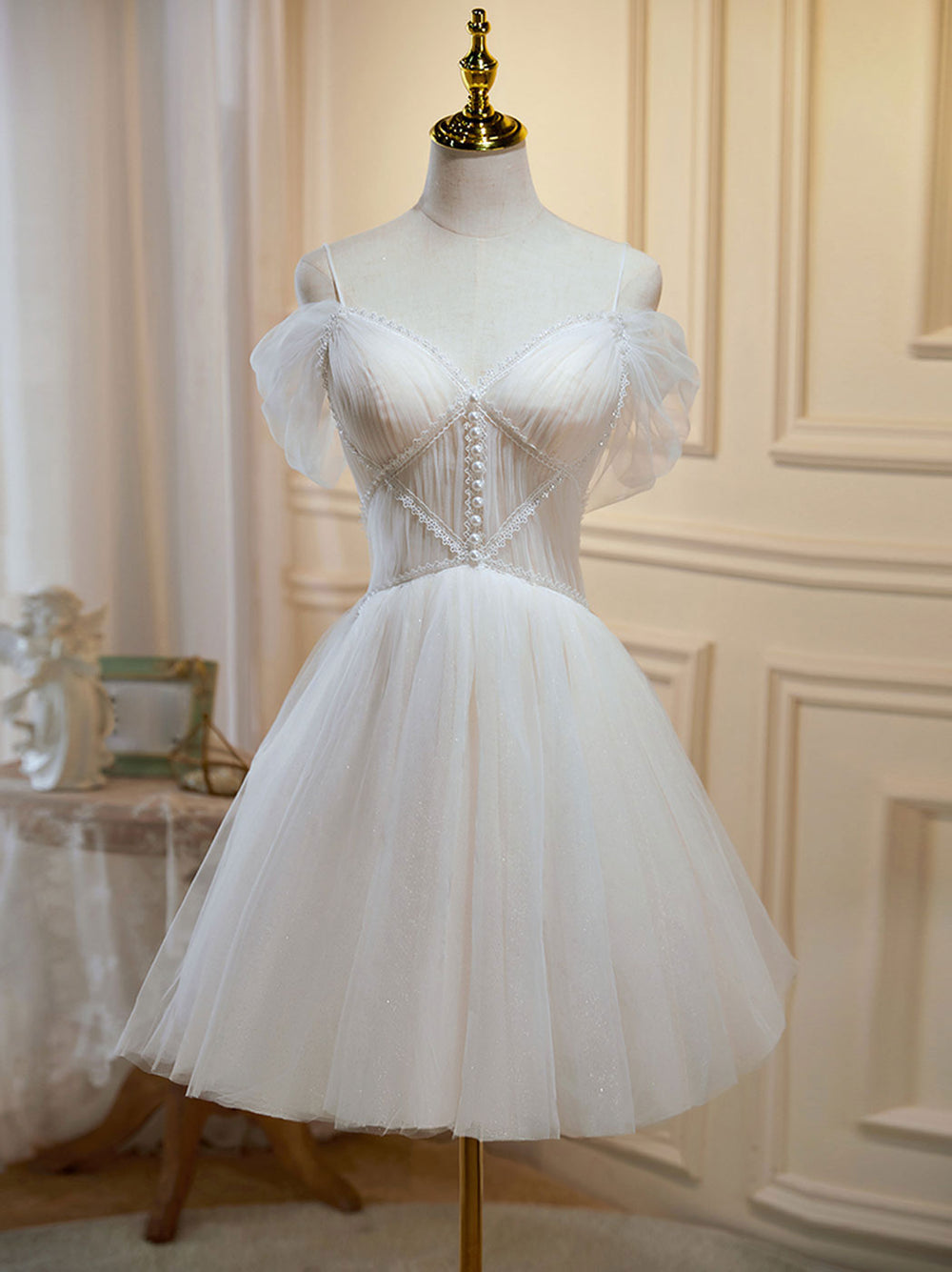 A line off shoulder mini beige prom dress short beige homecoming dress