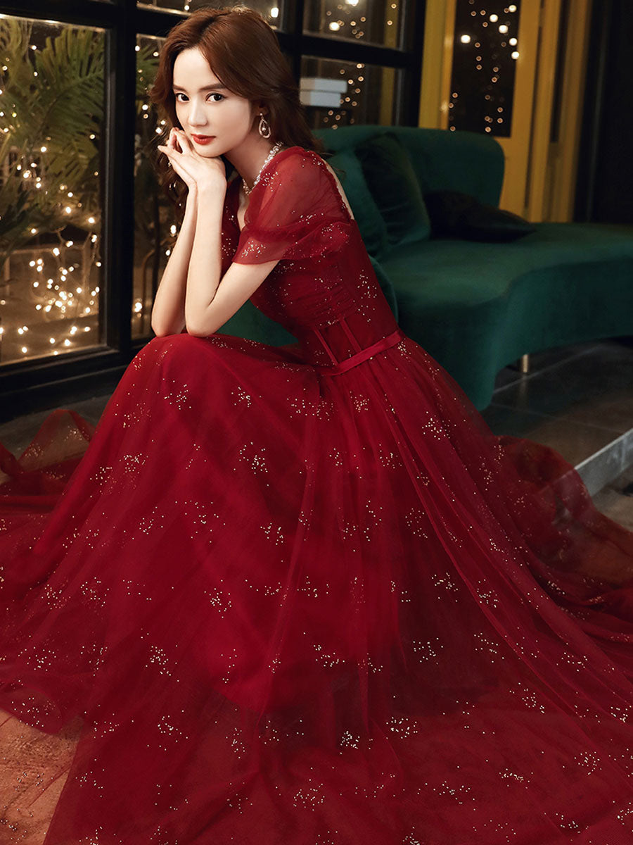 Burgundy A line tulle sequin long prom dress, burgundy tulle formal dress