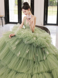 Green v neck tulle long prom dress, green tulle sweet 16 dress