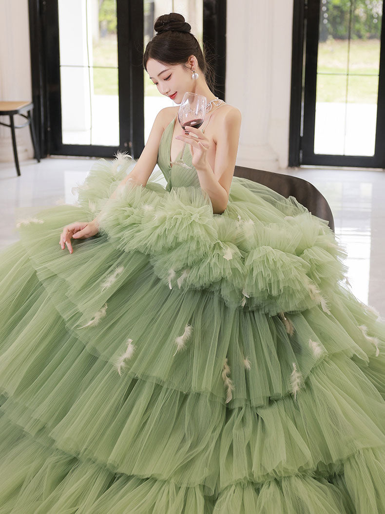 Green v neck tulle long prom dress, green tulle sweet 16 dress