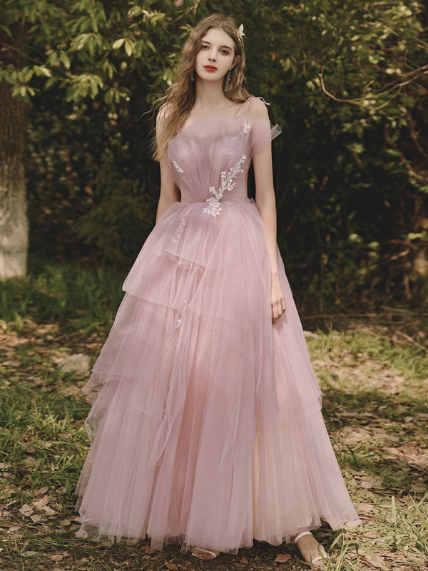 A line Tulle Pink Long Prom Dresses, Formal Pink Graduation Dress With Lace Beading