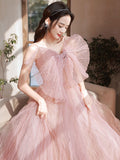 Pink A line tulle long prom dress pink formal evening dress