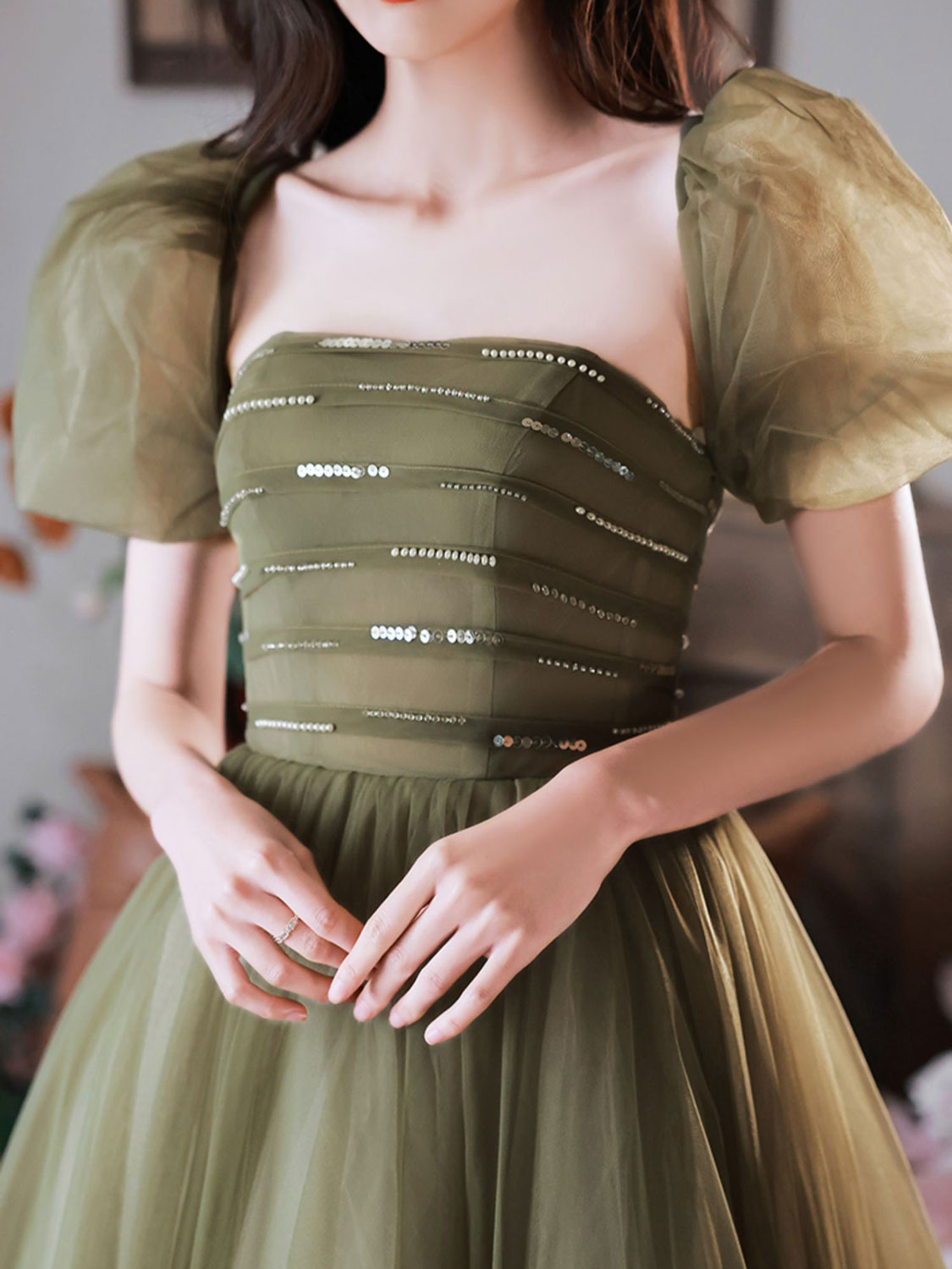 A-Line Green Sequin Tulle Long Prom Dress, Green Formal Party Dress