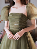 A-Line Green Sequin Tulle Long Prom Dress, Green Formal Party Dress