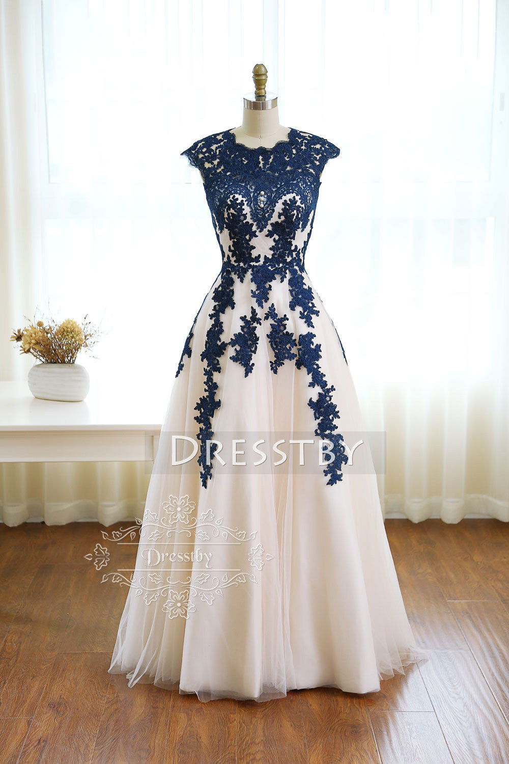 Dark blue round neck tulle lace long prom dress, bridesmaid dress