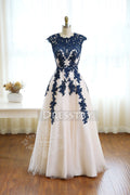 Dark blue round neck tulle lace long prom dress, bridesmaid dress