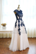 Dark blue round neck tulle lace long prom dress, bridesmaid dress