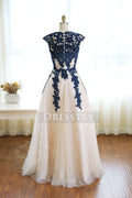 Dark blue round neck tulle lace long prom dress, bridesmaid dress