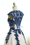 Dark blue round neck tulle lace long prom dress, bridesmaid dress