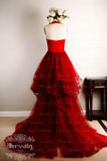 Burgundy v neck tulle long prom dress, burgundy evening dress