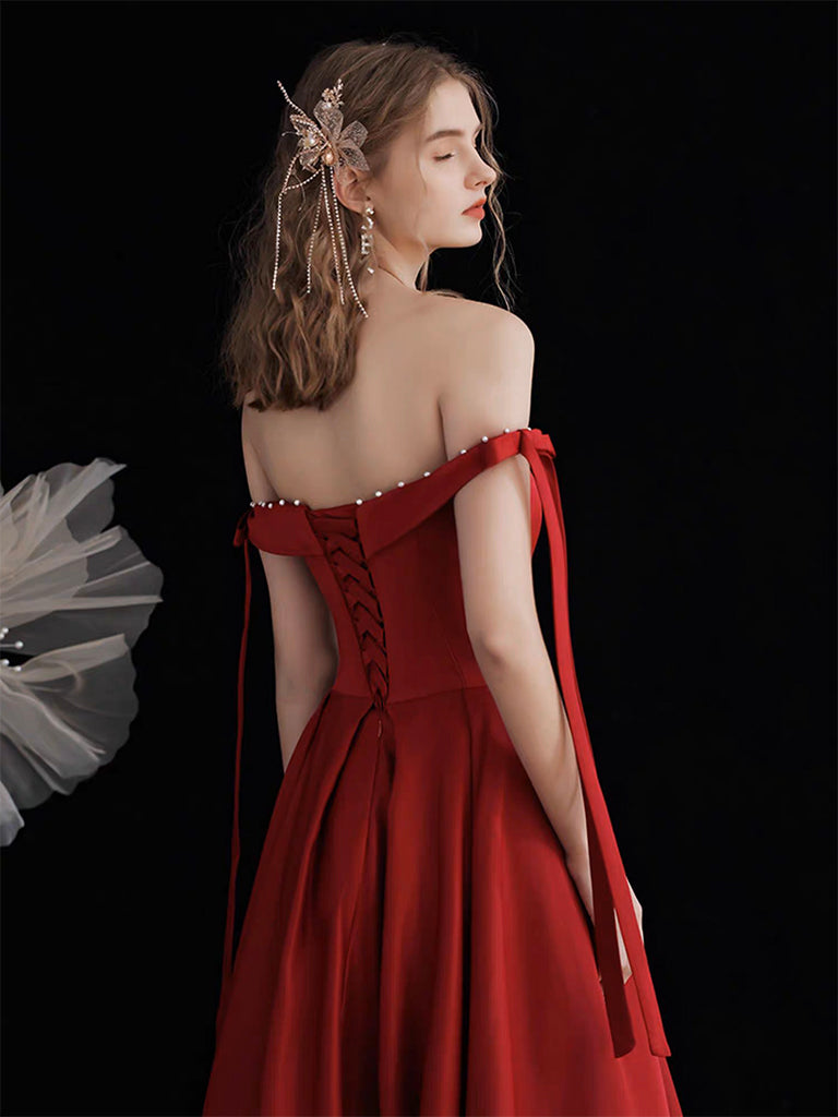 A-Line Off Shoulder Satin Burgundy Long Prom Dress, Burgundy Long Formal Dress