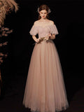 A-Line Sweetheart Neck Tulle Pink Long Prom Dress, Pink Tulle Long Evening Dress