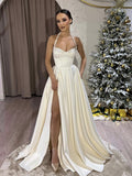A-Line Sweetheart Neck Satin Beads Beige Long Prom Dress, Beige Long Evening Dress