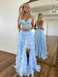 A-Line Sweetheart Neck Lace Chiffon Blue Long Prom Dress, Blue Lace Long Formal Dress