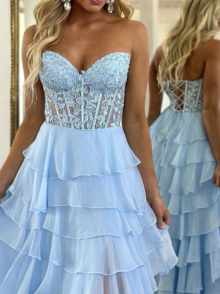 A-Line Sweetheart Neck Lace Chiffon Blue Long Prom Dress, Blue Lace Long Formal Dress