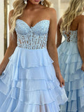 A-Line Sweetheart Neck Lace Chiffon Blue Long Prom Dress, Blue Lace Long Formal Dress
