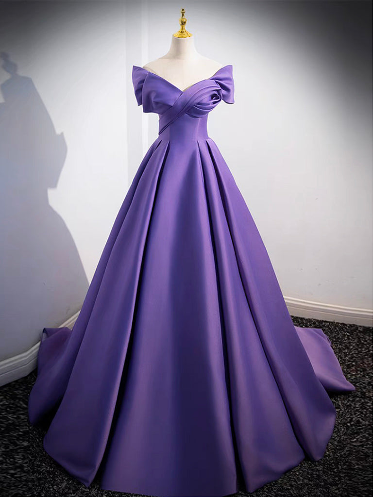 Simple Off Shoulder Satin Purple Long Prom Dress, Purple Long Evening Dress